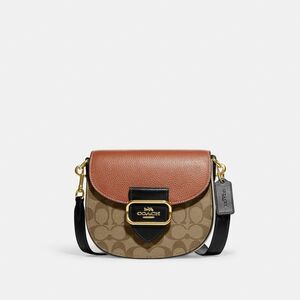 Coach Morgan Saddle Bag Colorblock Signature Canvas Crossbody Khaki Beige CE565